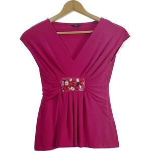 M&Co petite blouse, Womens 8, embellished, jeweltone , short sleeve